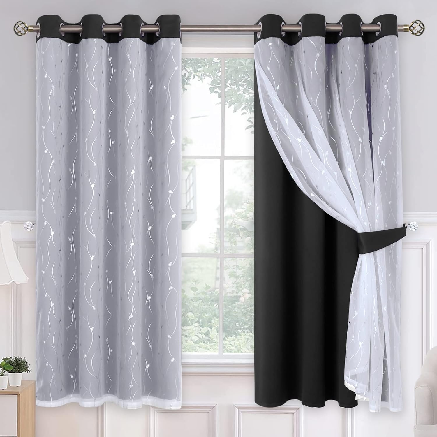Double Layer Blackout Curtains, Silver Tulle, Thermal Insulated, 2 Panels 52x63