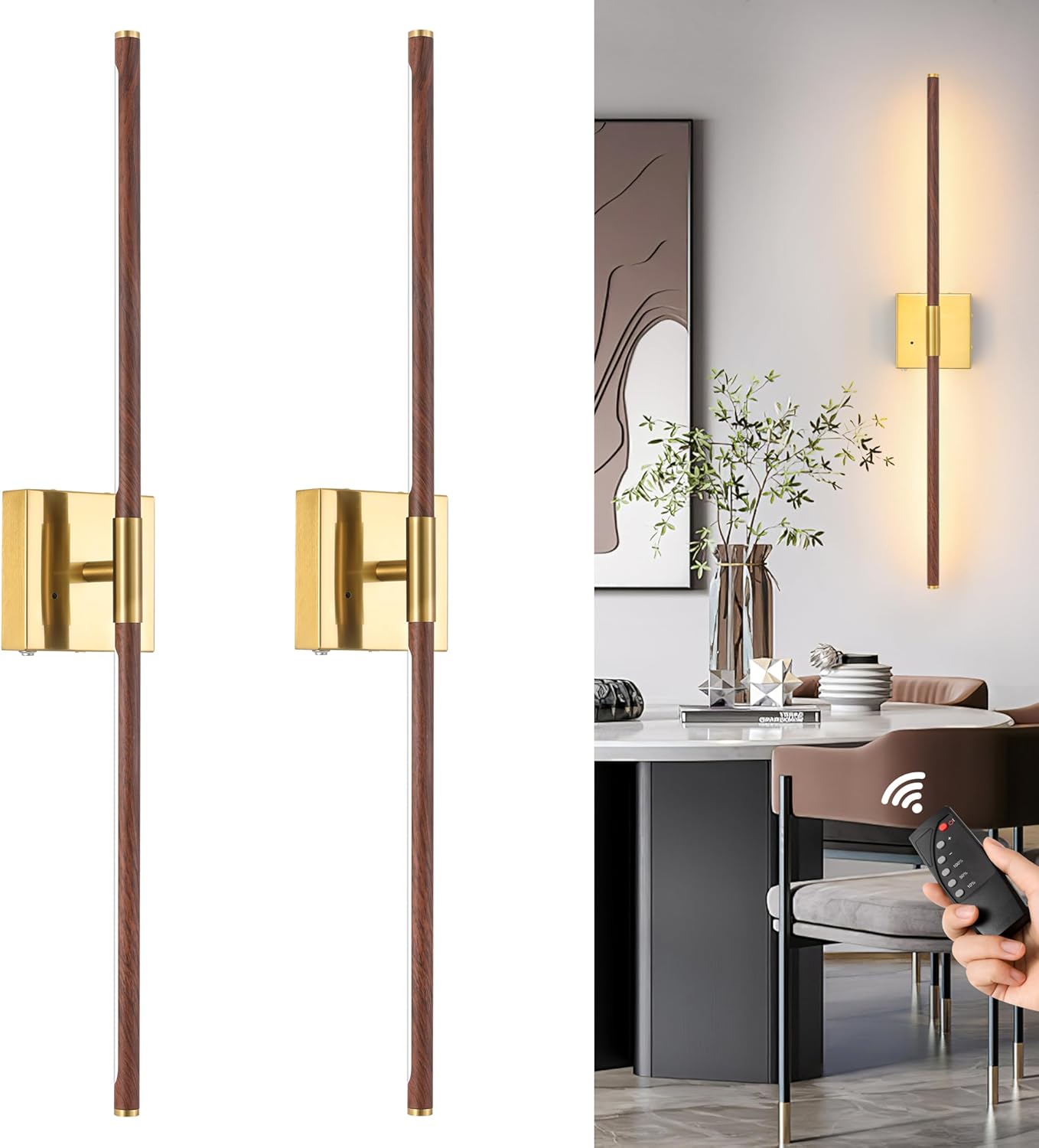 40 Walnut Battery Operated Wall Sconces Set of Two for Home