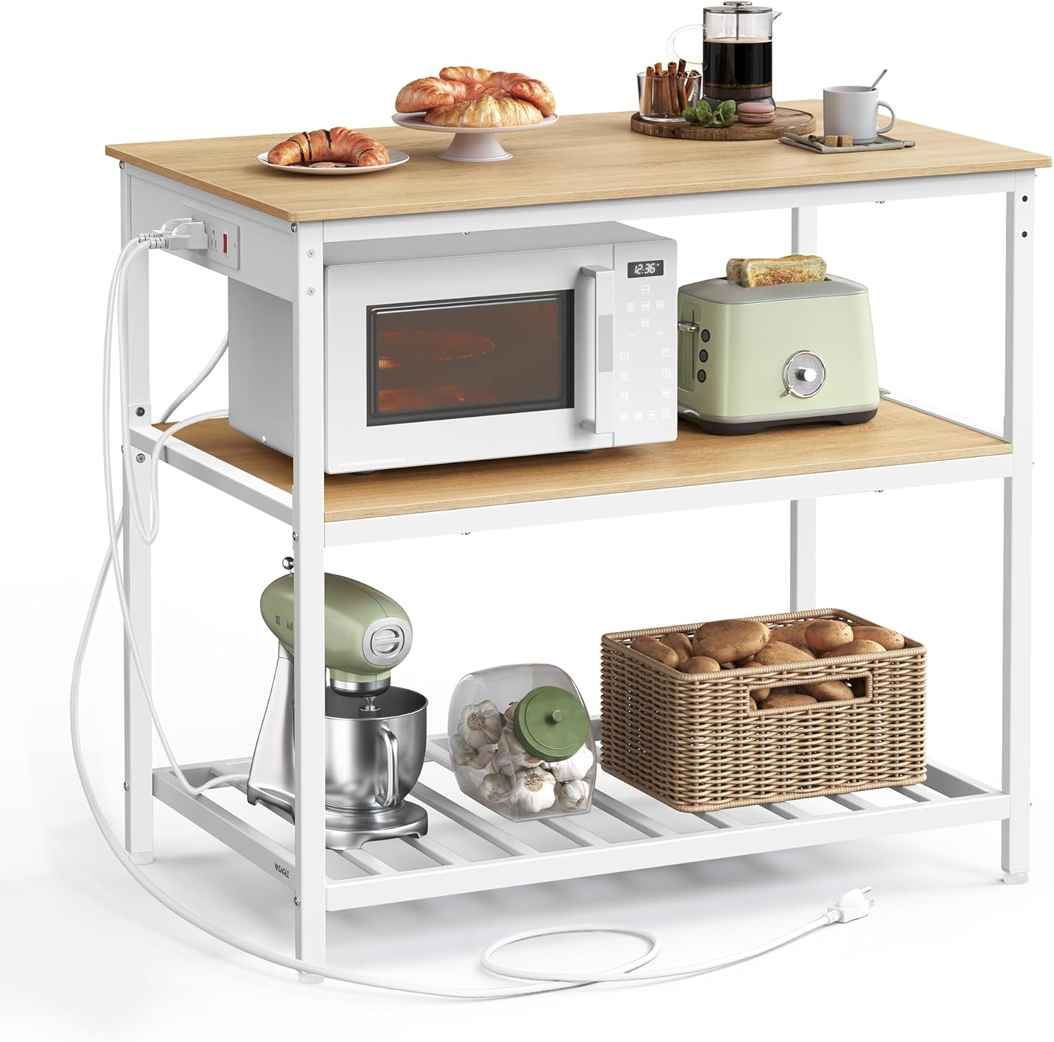 VASAGLE Kitchen Island with Power Strip and 3 Shelves for Storage