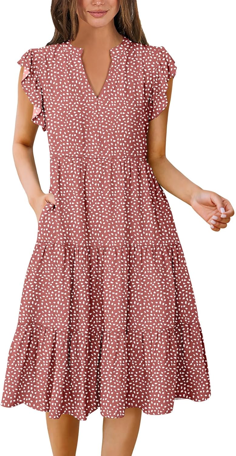 Womens Summer Dress Ruffle Sleeve V Neck Midi Fashion Casual