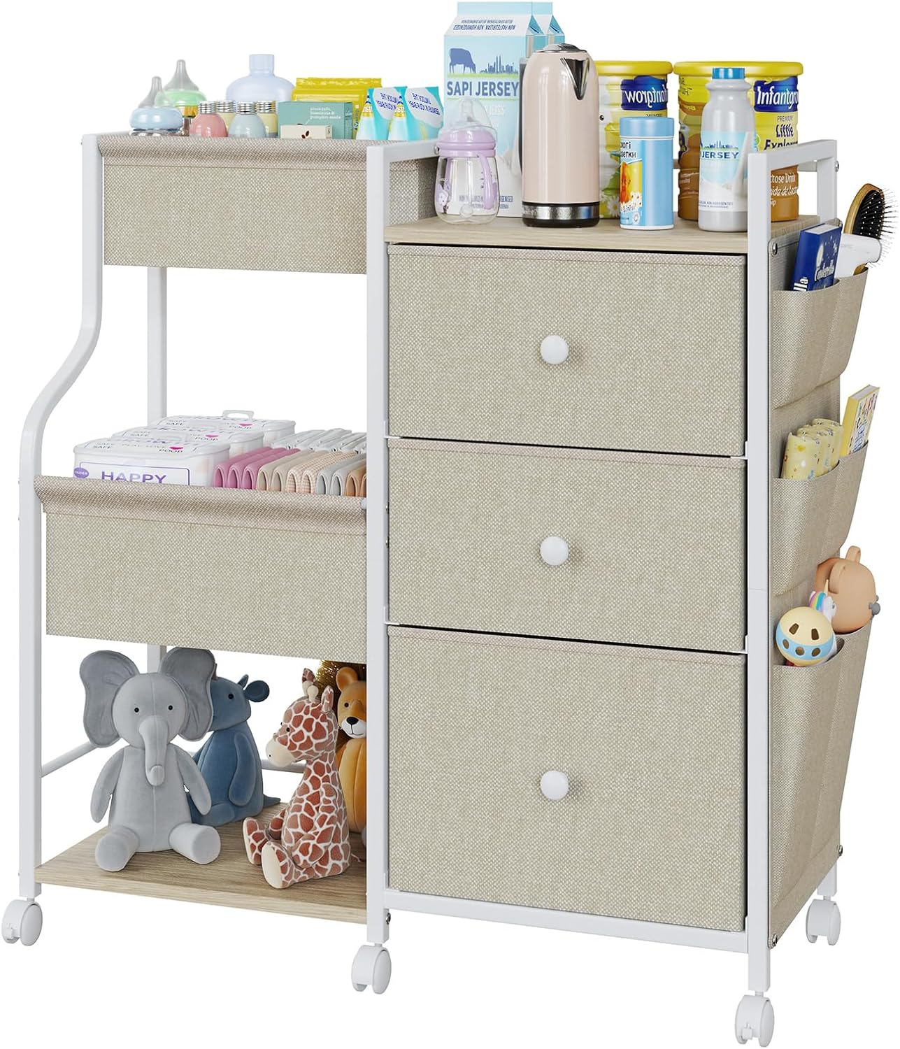 Baby Diaper Caddy - 3 Tier Organizer with Wheels for Nursery