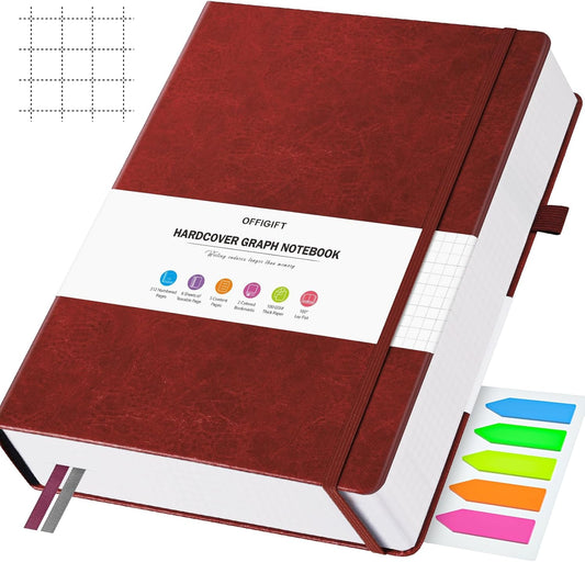 Premium Grid Paper Journal, 312 Numbered Pages, No Bleed 100gsm Grid Notebook, Ideal for Math & Notes, A5 Hardcover, Burgundy