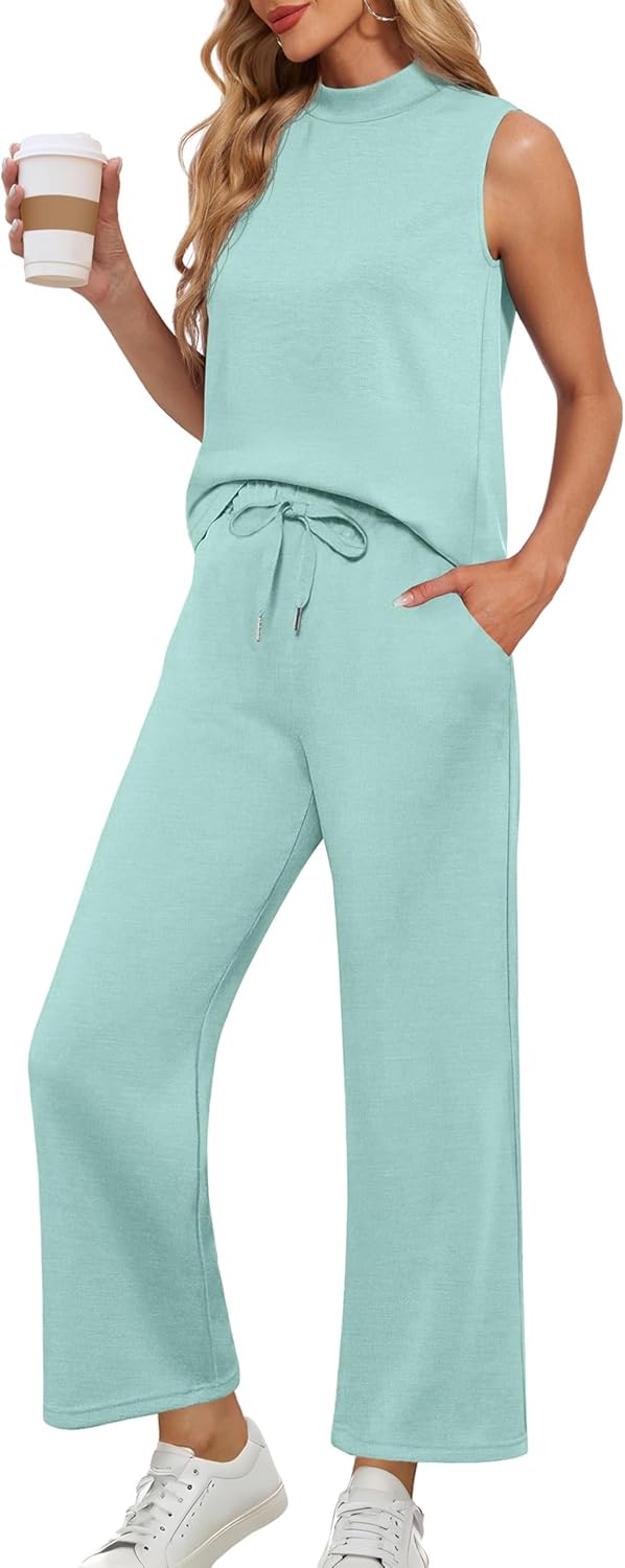 Lepunuo Two Piece Sets for Women Summer Mock Neck Sleeveless Top