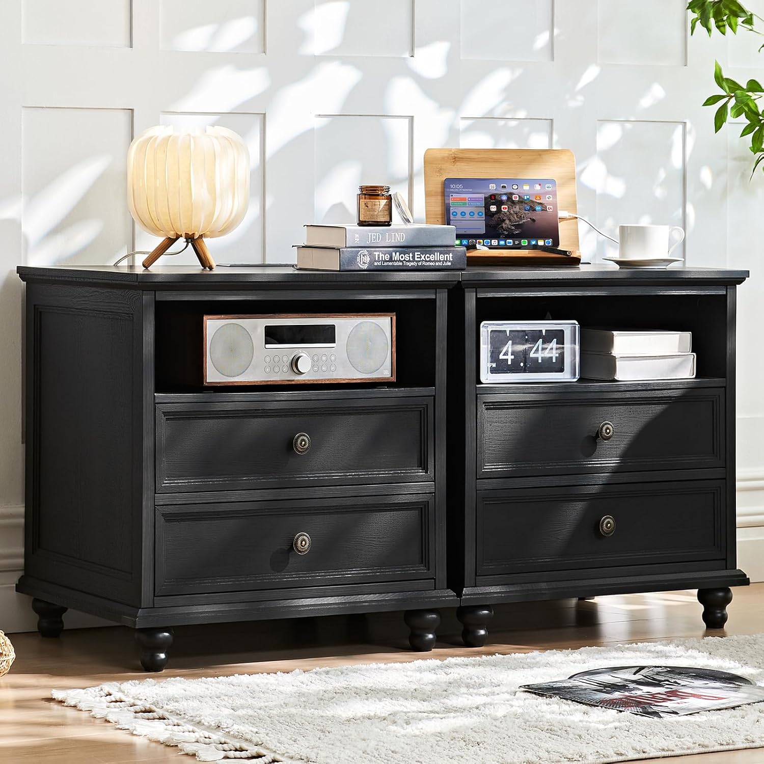 Farmhouse Nightstand Set of 2 with Charging Station and Drawers