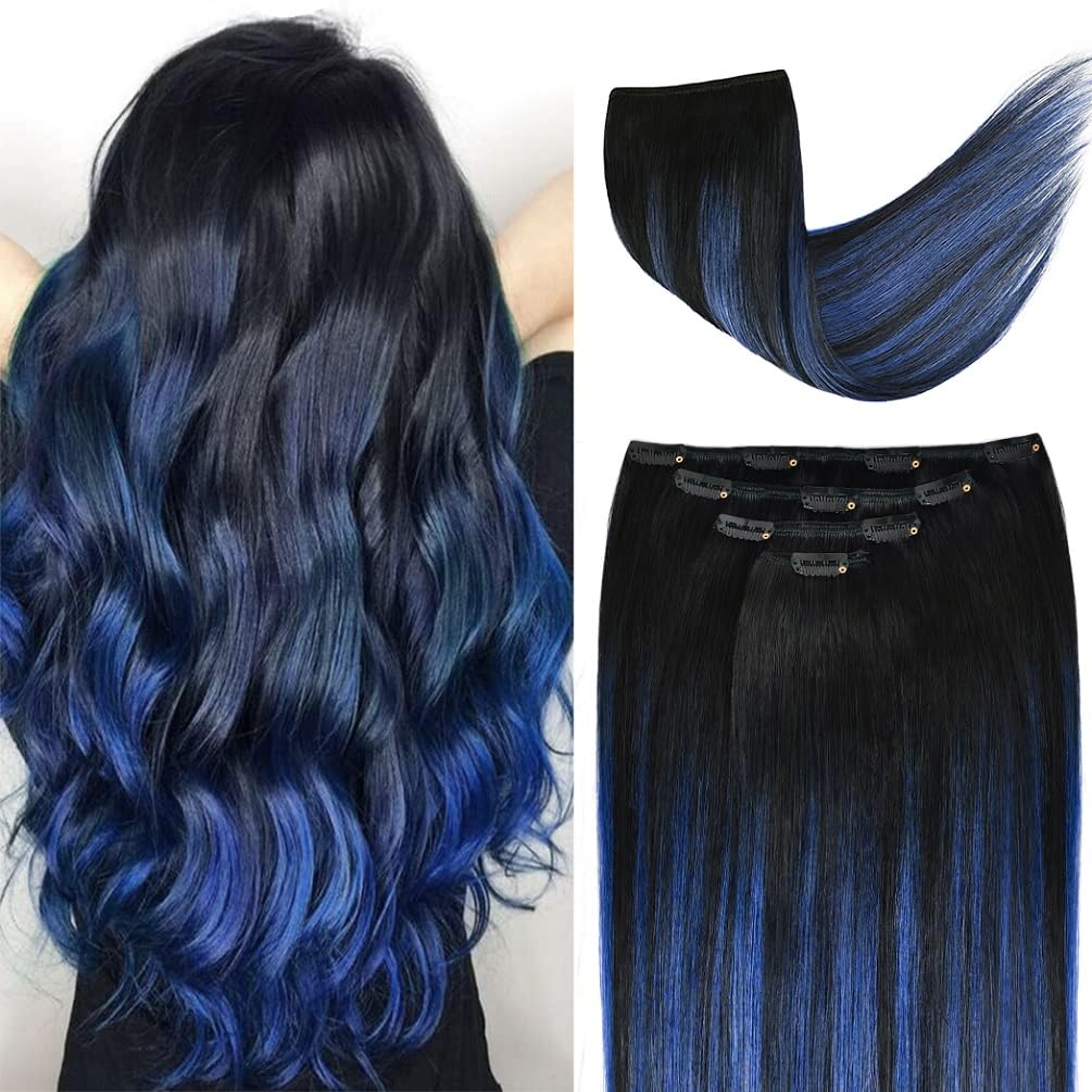 20 Clip in Hair Extensions Remy Human Hair Blue Balayage Style