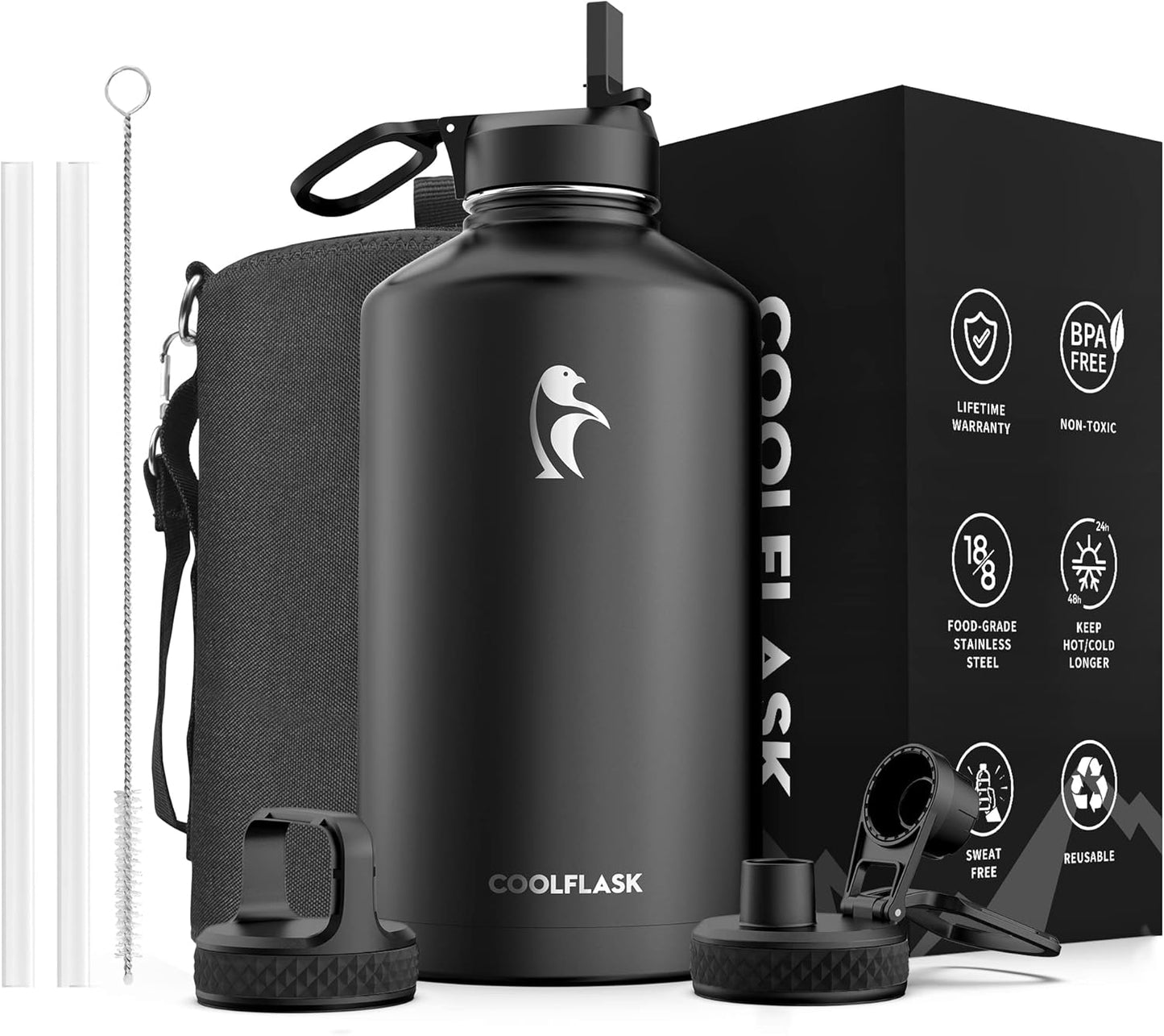 Coolflask Gallon Water Bottle Insulated with 3 Lids for Sports