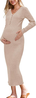 Wool Blend Maternity Sweater Dress V Neck Midi - Warm, Stretchy Fit