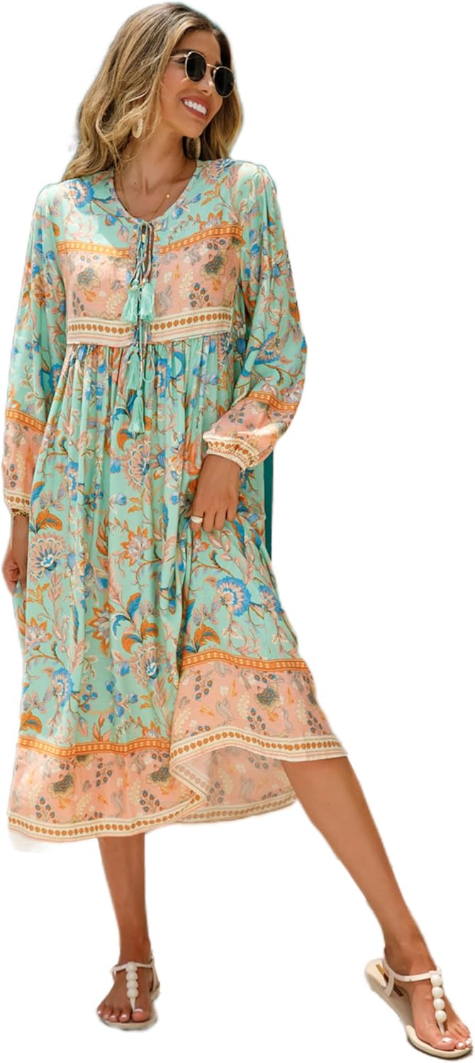 R.Vivimos Women's Long Sleeve Floral Print Retro Midi Dress