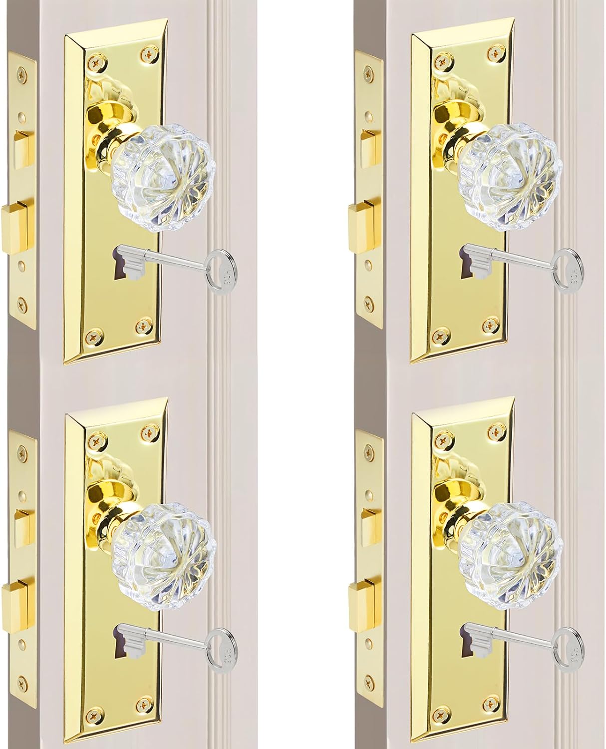 Antique Mortise Keyed Lock Set with Fluted Glass Knobs and Keys
