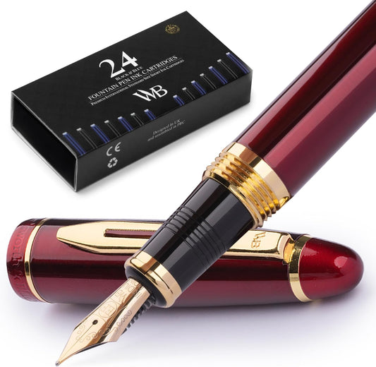 Majesti Fountain Pen Set - Luxury Red Pen with 24K Gold Finish