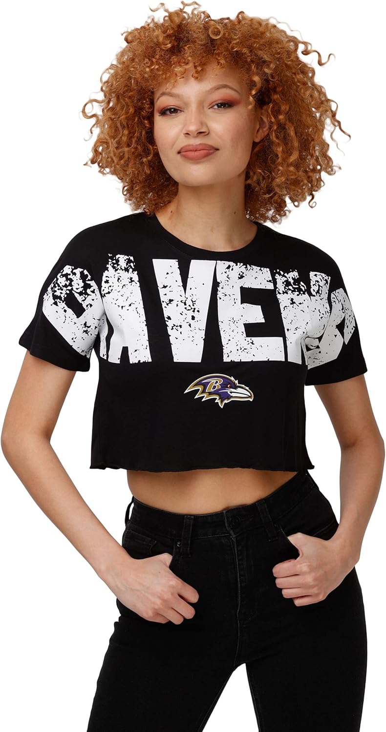 FOCO Women's NFL Team Logo Distressed Wordmark Crop Top Shirt