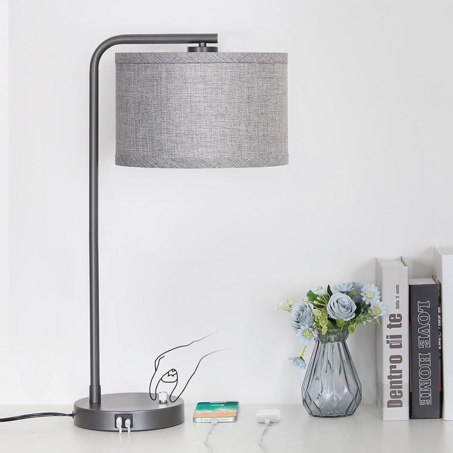 Gray Bedside Lamp with USB Charging Ports for Modern Spaces