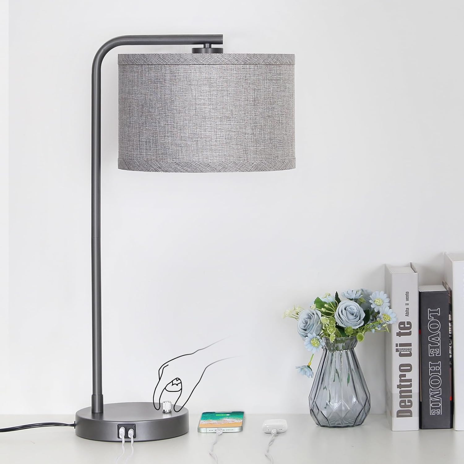 Gray Bedside Lamp with USB Charging Ports for Modern Spaces