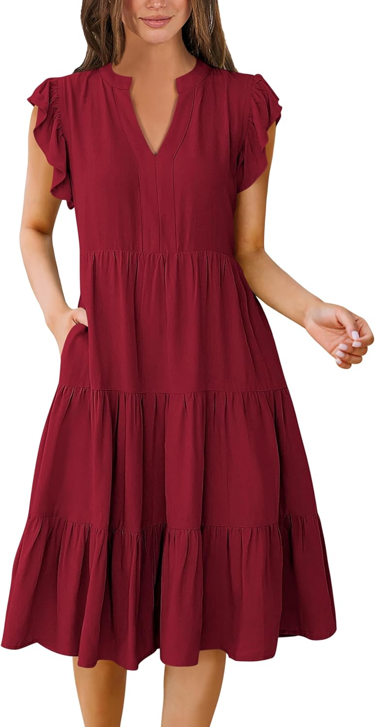 ANRABESS Womens Summer Dress Ruffle Sleeve V Neck Midi Fashion