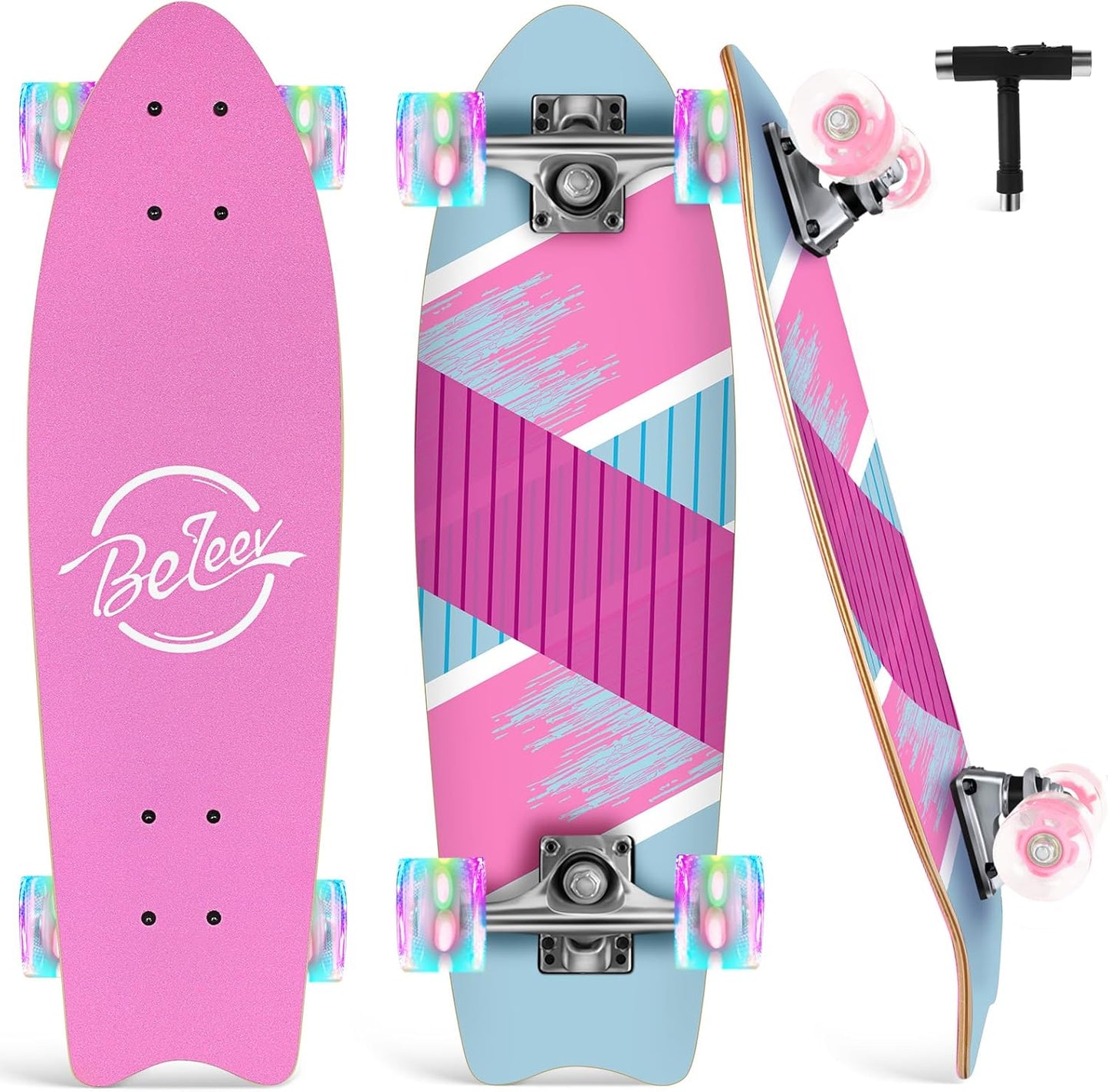 BELEEV Cruiser Skateboard for Beginners with LED Light Wheels