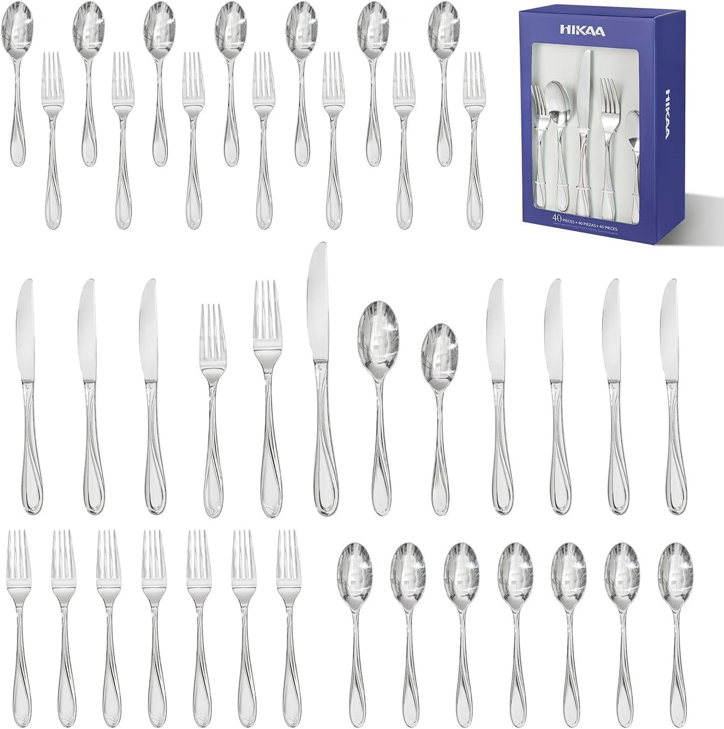 HIKAA Wave Design Silverware Gift Set for Weddings, 40-Piece