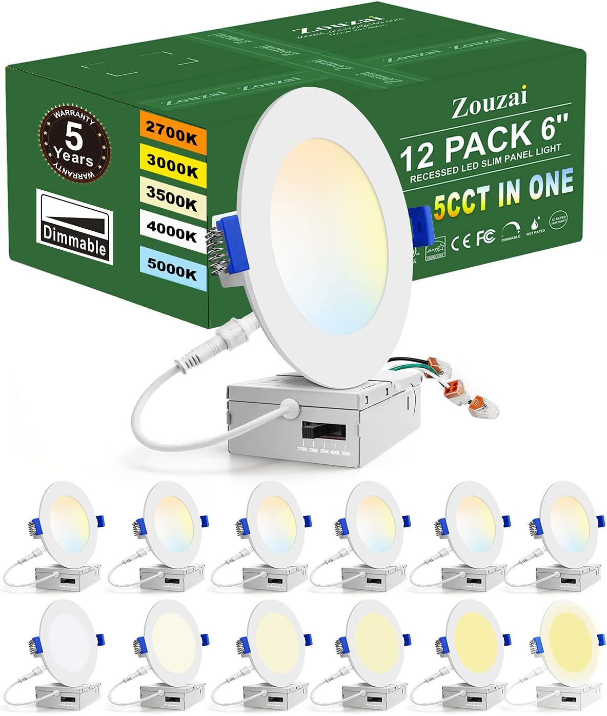 Ultra-Thin 12 Pack 6 Inch LED Recessed Ceiling Light 5CCT