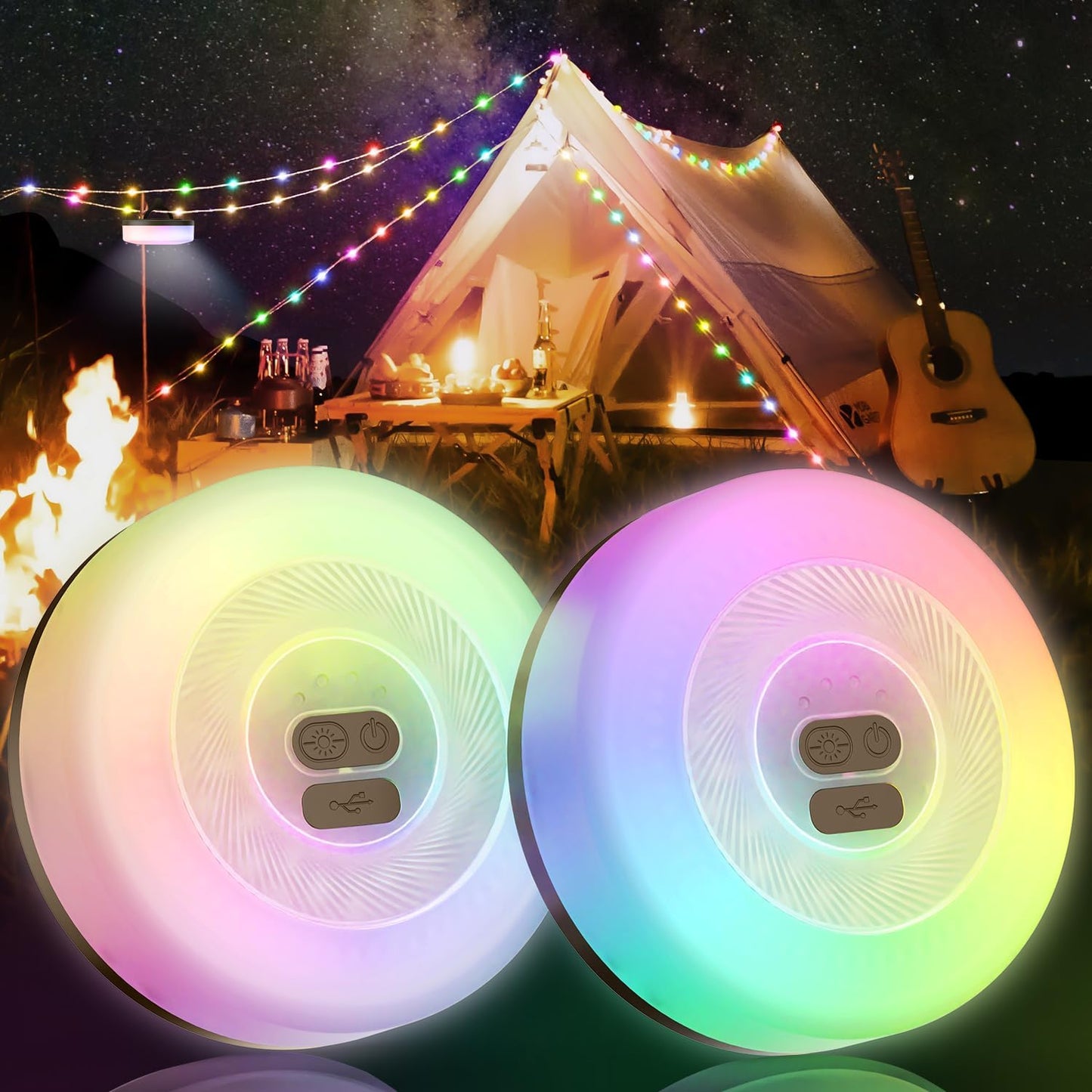 MORIKO RGB Camping String Lights - 2-Pack, 33FT, 7 Modes, Rechargeable, Waterproof