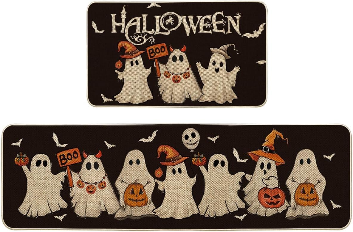 Ghost Pumpkin Bat Black Halloween Kitchen Mats Set for Home Decor