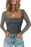 Chunpin Women's Square Neck Mesh Long Sleeve Bodysuit - Sleek Shaping