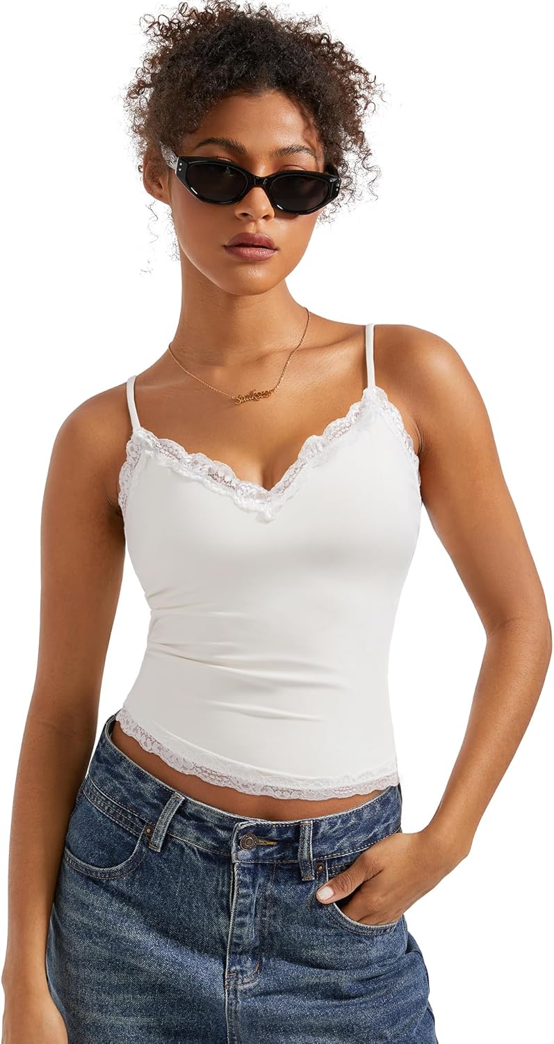 SUUKSESS Women Padded Lace Double Lined Tank Tops for Summer