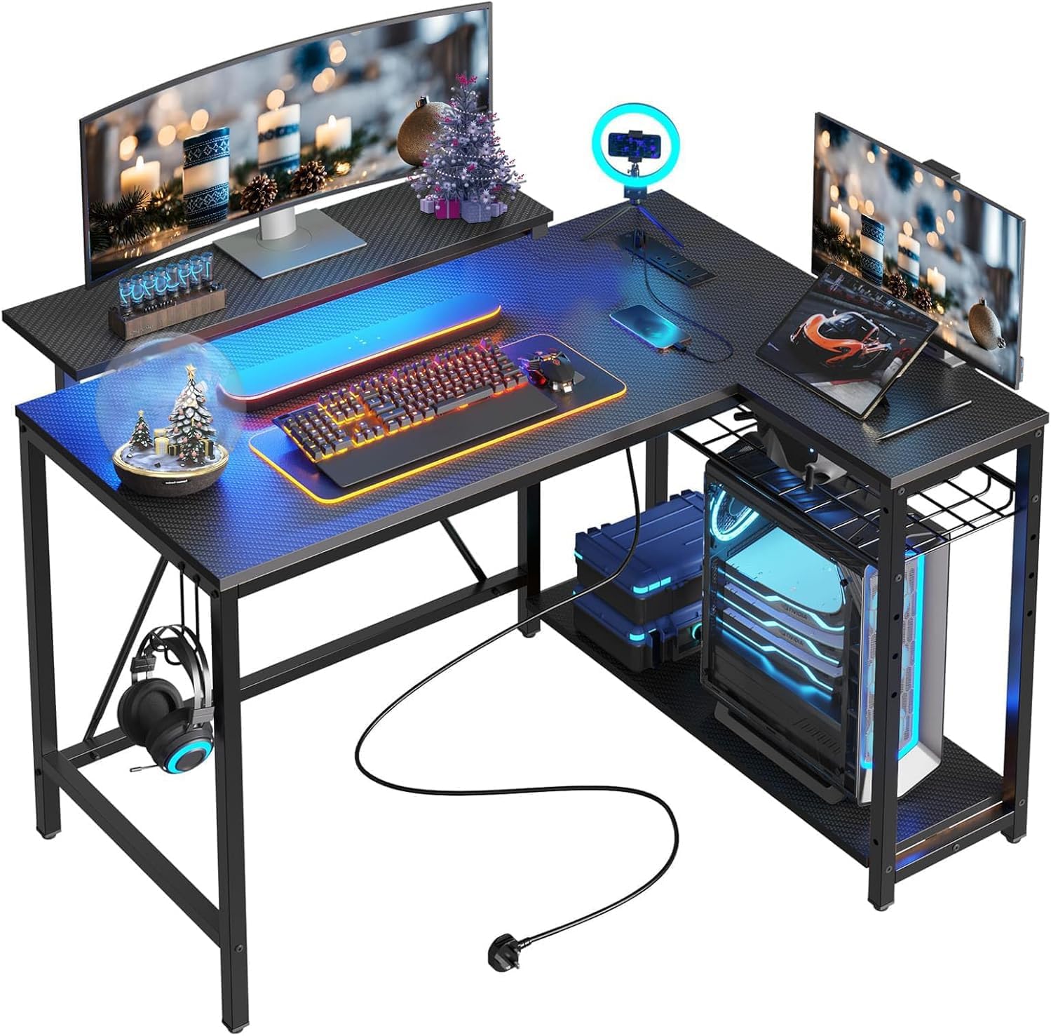Bestier 42in L-Shaped Gaming Desk with Power Outlets & LED Lights