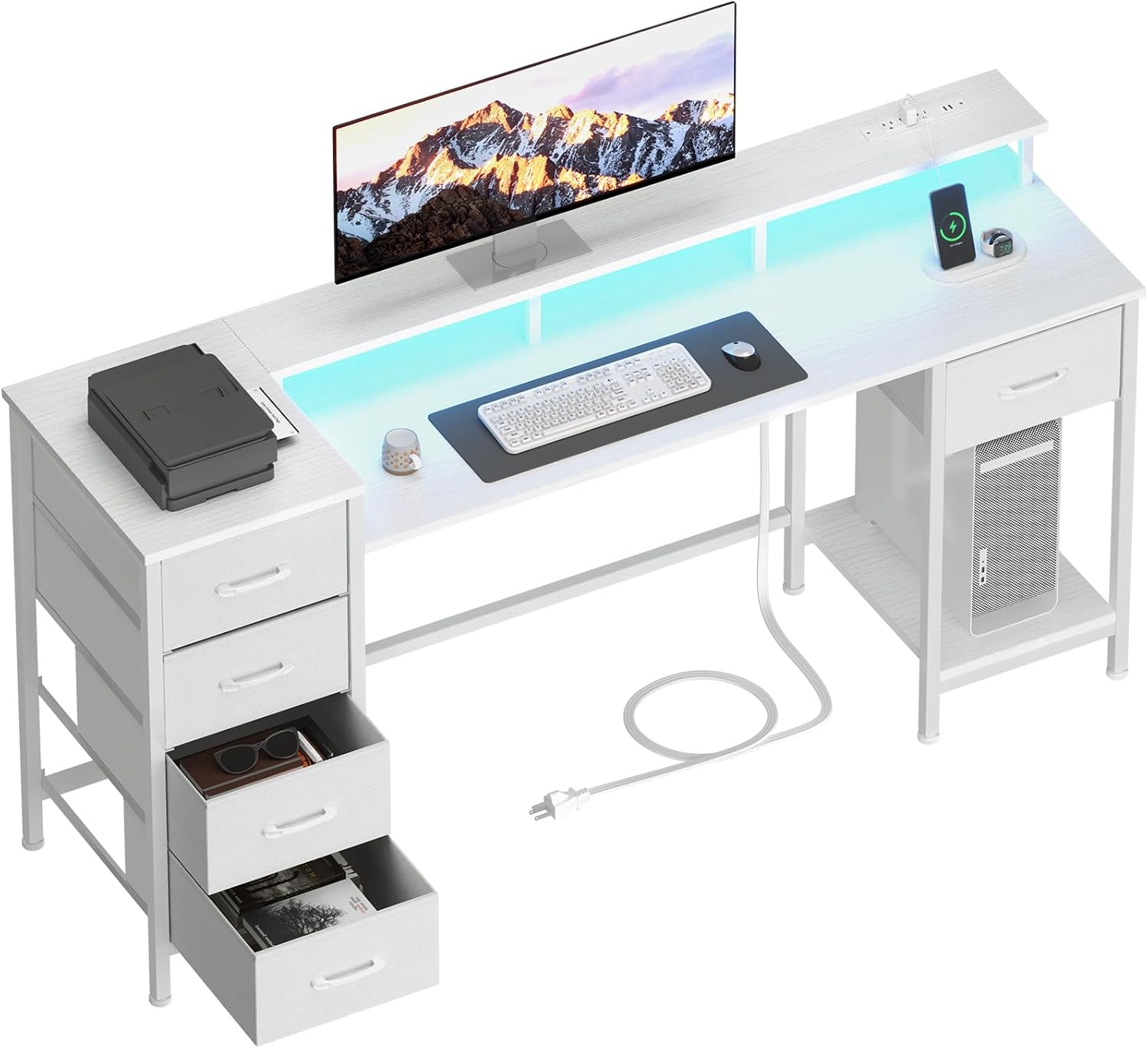 55 Inch Computer Gaming Desk with Power Outlets and LED Lights