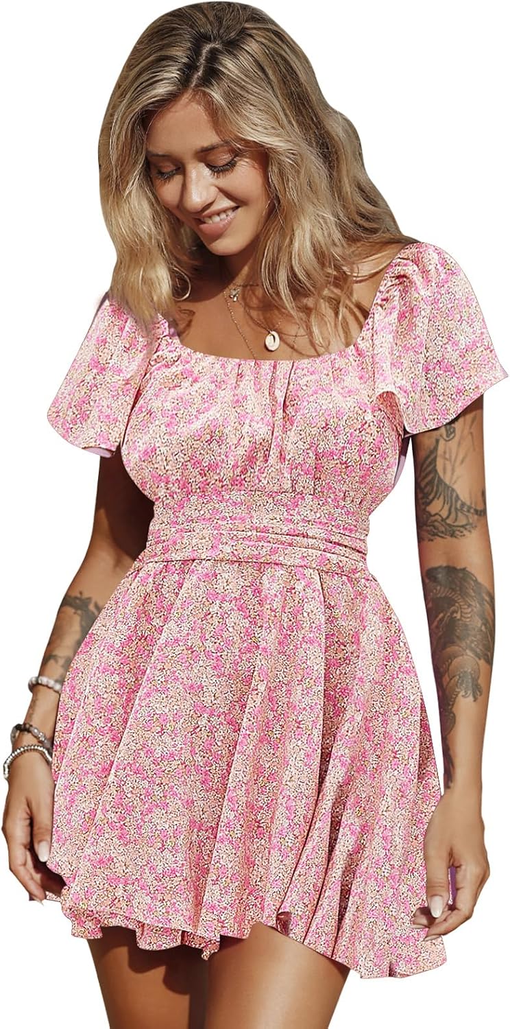 EXLURA Women's Summer Ruffle Short Sleeve Tie Back Romper Dress