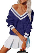Womens V Neck Oversized Striped Cable Knit Pullover - Cozy Oversize