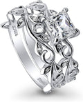 Sterling Silver Leaf Wedding Engagement Ring Set - Timeless CZ
