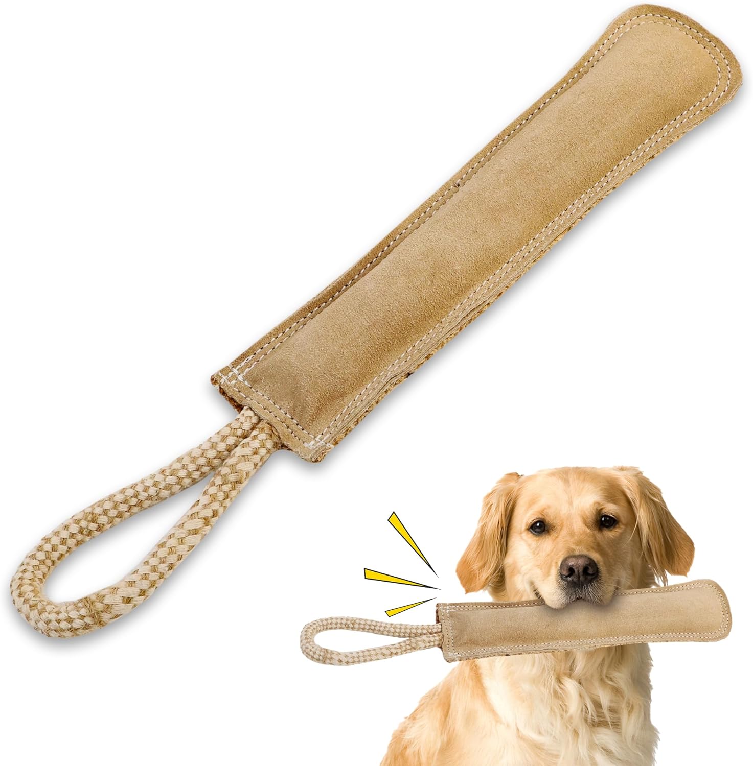 Dura-Fused Leather Retriever - 15in, Real Leather & Jute, Squeaker & Rope