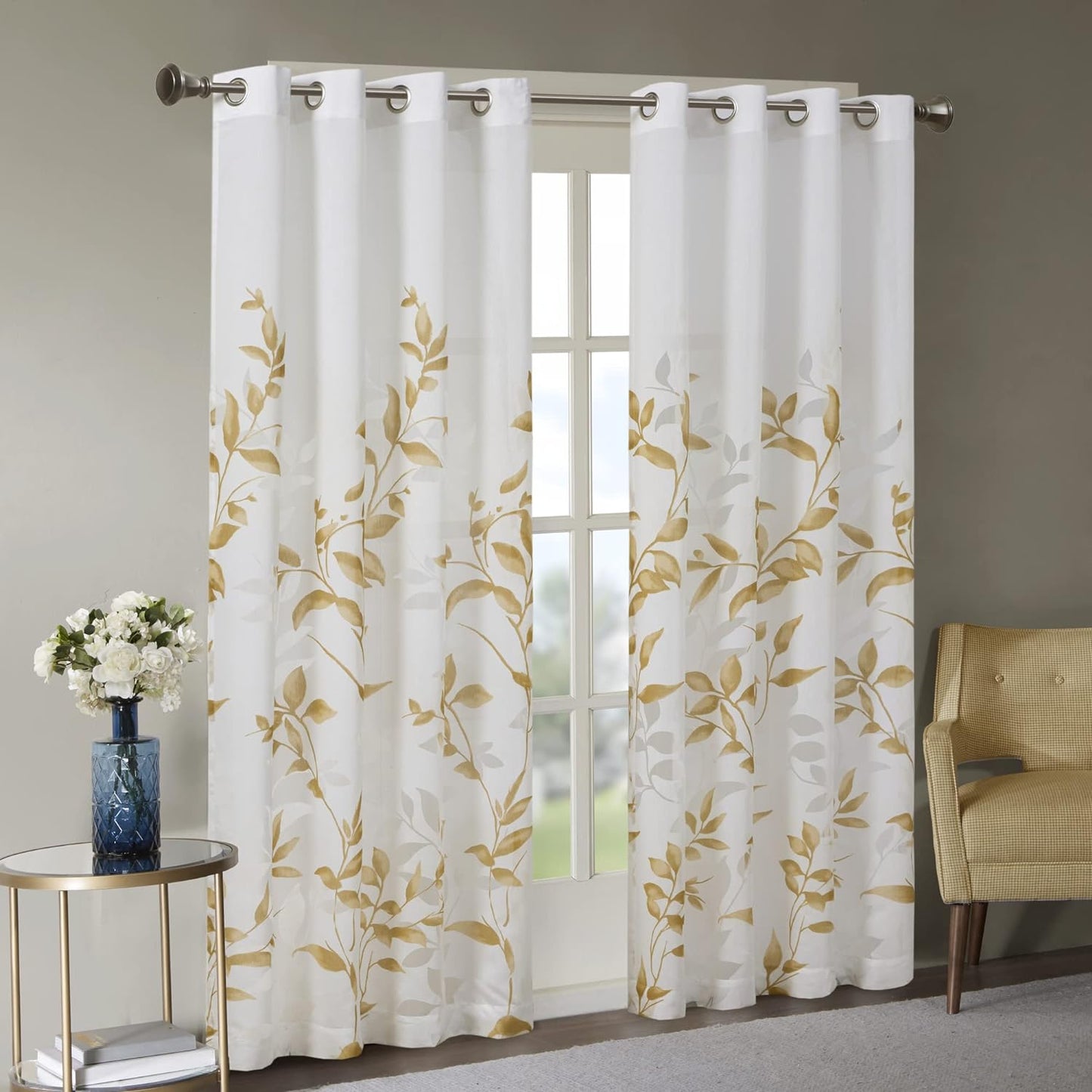 Madison Park Cecily 50x84 Semi Sheer Botanical Curtain - Easy Hang, Rod Up to 1.25 - Leaves Yellow