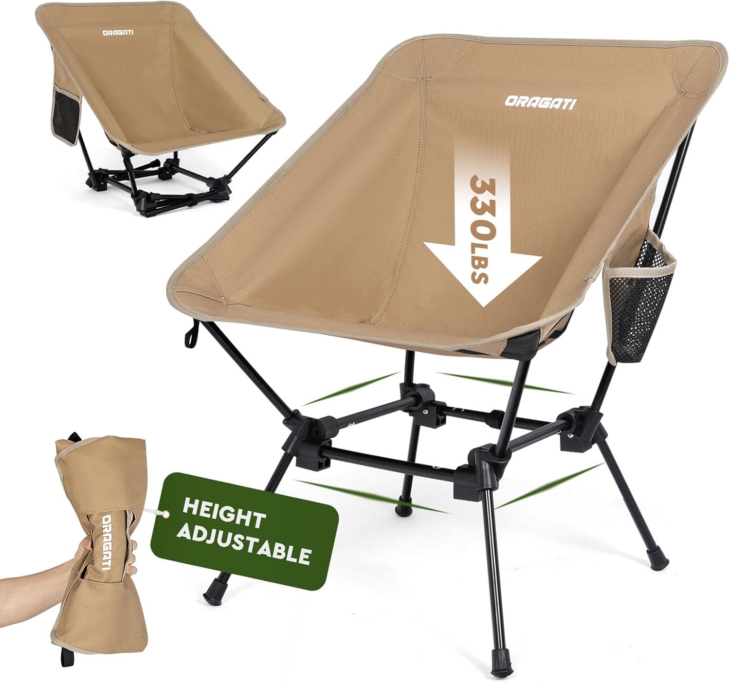 Portable Foldable Camping Chair - High/Low, Lightweight - Khaki