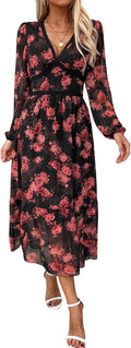Women's Spring Wrap Maxi Dress Floral V Neck Long Sleeve - Flowy but