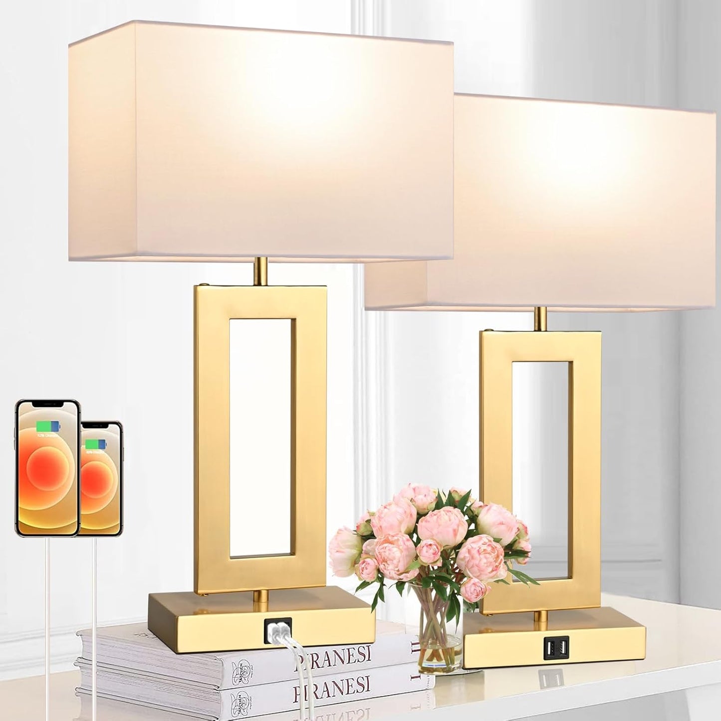 22 Set of 2 Touch Control Table Lamps with USB Ports for Home