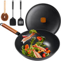 Wok Pan with Lid 13ft Carbon Steel Wok - Flat Bottom Stir-Fry Pan