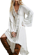 Womens V Neck Bell Sleeve High Low Floral Dress - Boho Casual