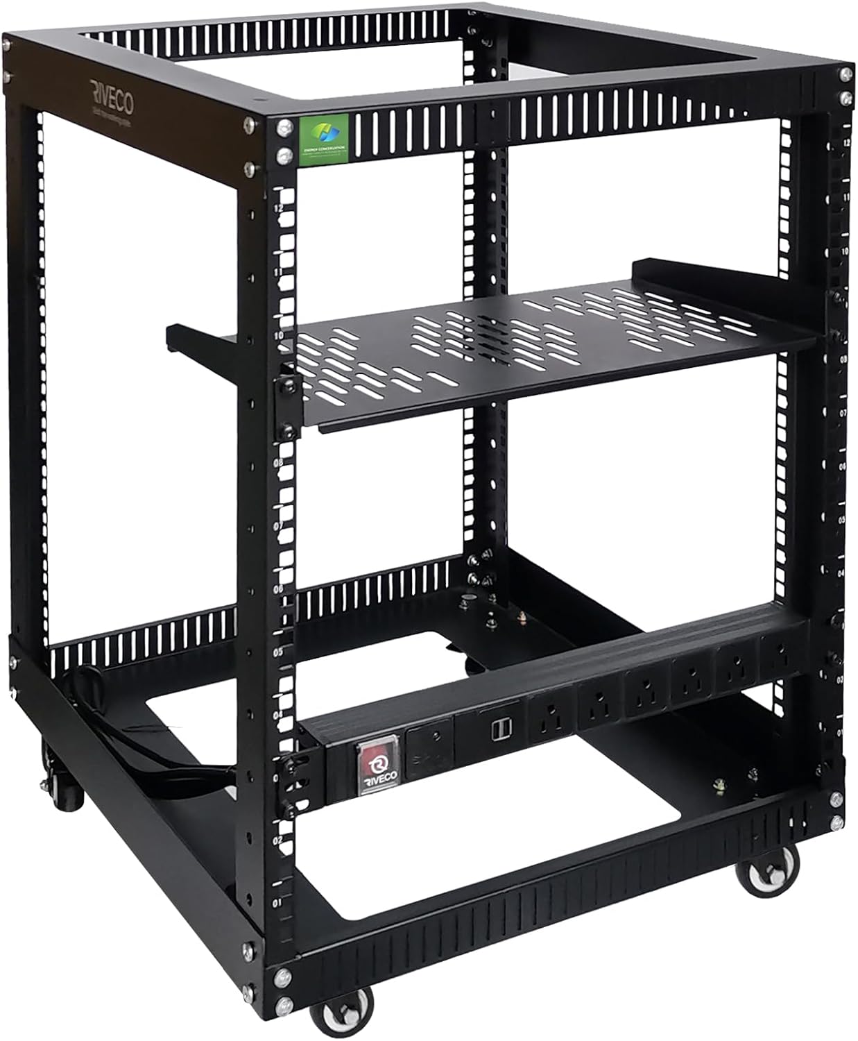 RIVECO 19in 12U Server Rack Open Frame with Wheels and PDU