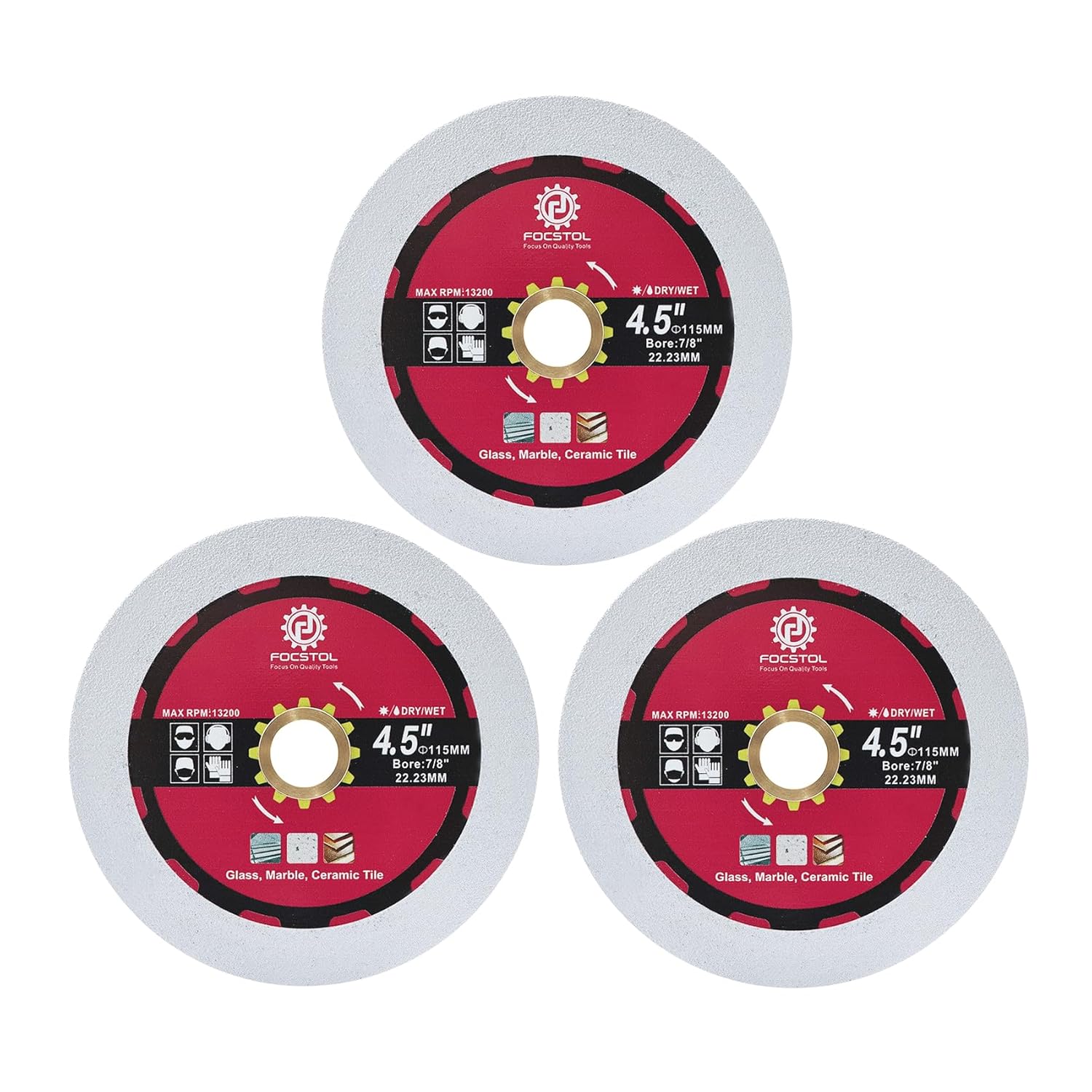 Precise Glass Cutting Disc Set - FOCSTOL 3pcs 4.5'' Blades for Glass, Jade, Crystal - Effortless Precision!