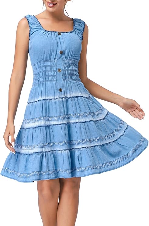 DREFBUFY Women's Maxi Dress Sleeveless Denim Long Summer A-line