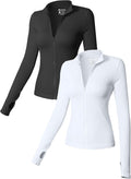 OQQ Womens Long Sleeve Stand Neck Zipped Stretch Fitted Tops - 2 Pack