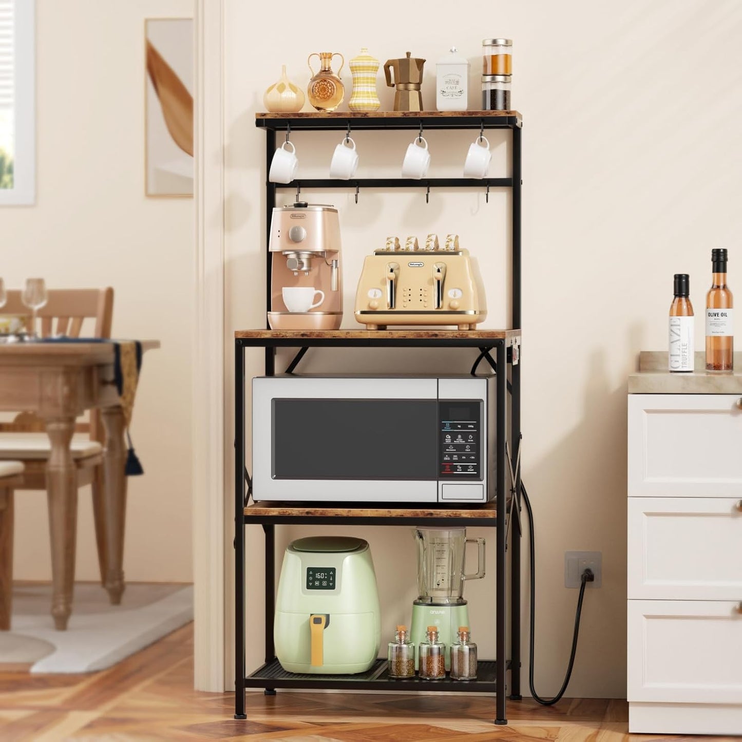 Rustic Kitchen Rack: Power Outlet, 4 Tiers, 8 Hooks
