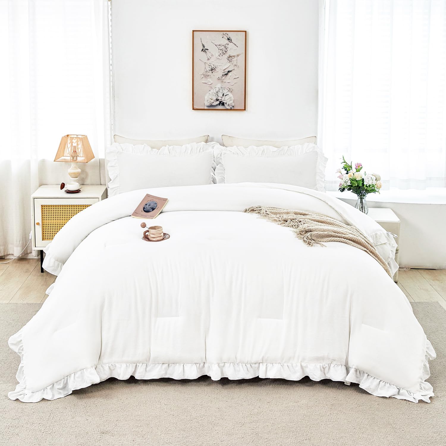 ANGIYUIN 5Pcs Queen Comforter Set White Ruffle Bedding Elegance