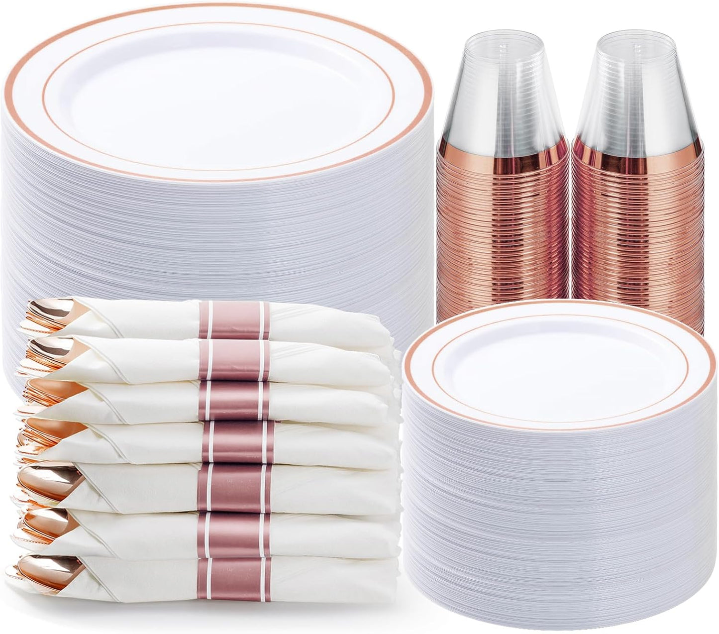 350PCS Rose Gold Plastic Dinnerware Set for Elegant Parties