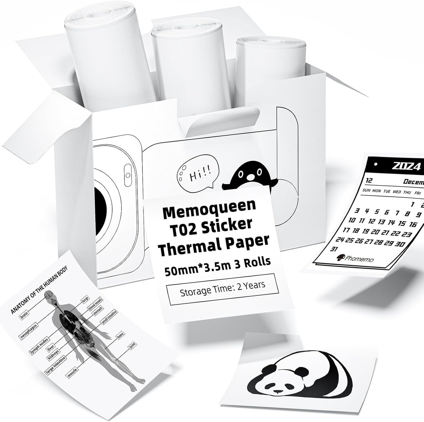 Phomemo T02 White Sticker Paper - Long-lasting, Black Text - 3 Rolls
