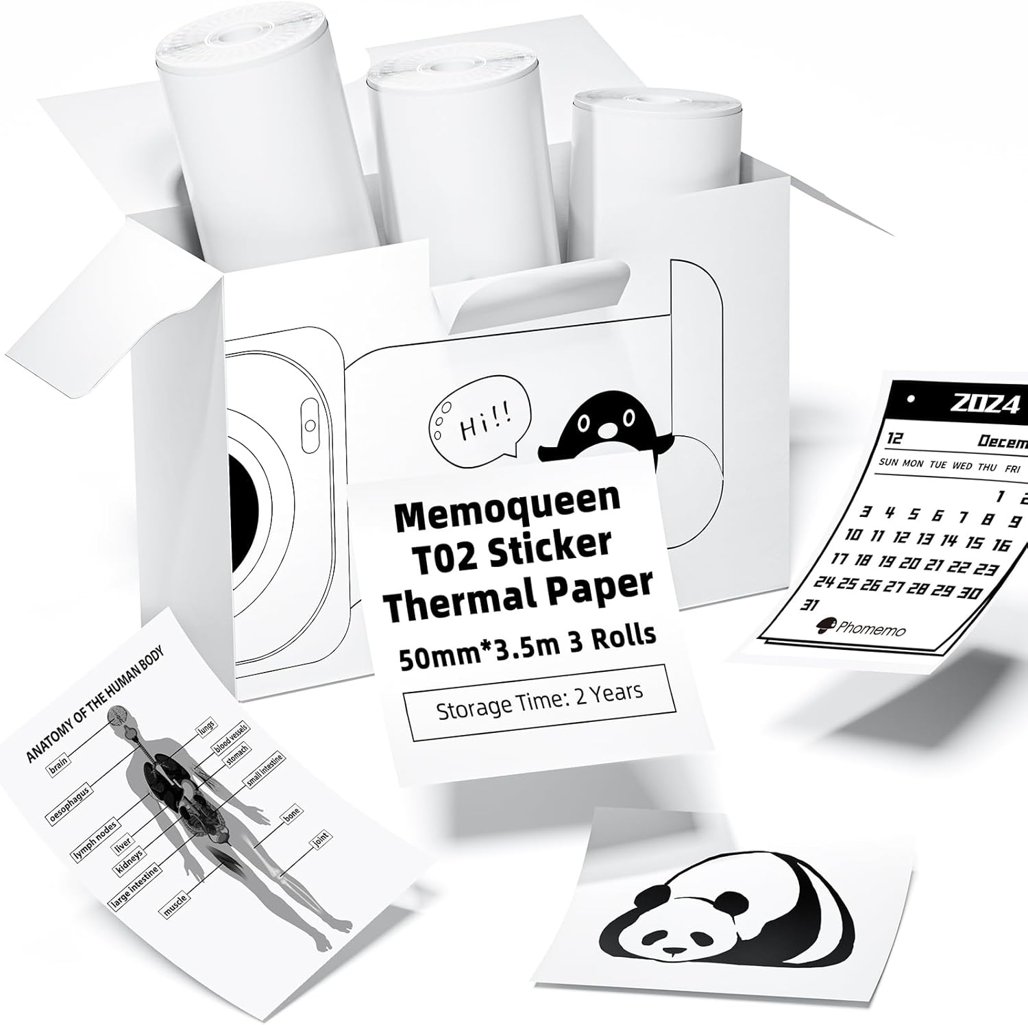 Phomemo T02 White Sticker Paper - Long-lasting, Black Text - 3 Rolls
