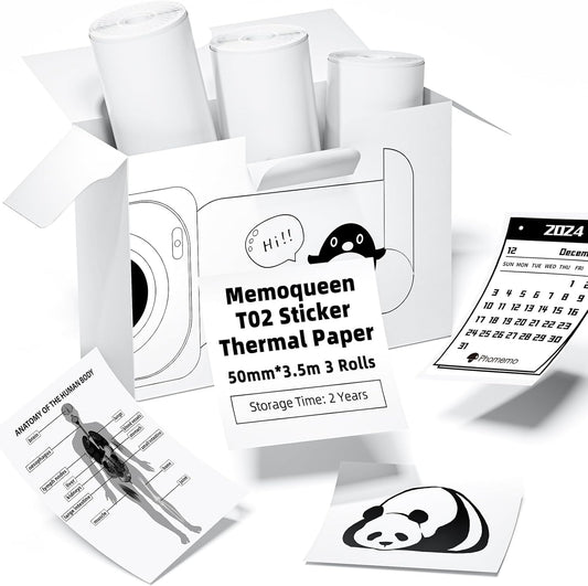 Phomemo T02 White Sticker Paper - Long-lasting, Black Text - 3 Rolls