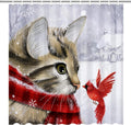Winter Cat Red Cardinal Bird Shower Curtains for Bathroom - Waterproof