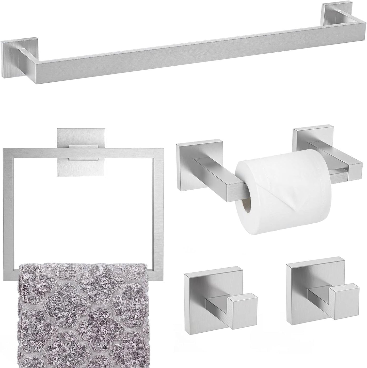 Brushed Nickel Towel Bar Set - 5-Piece Modern Bathroom Hardware