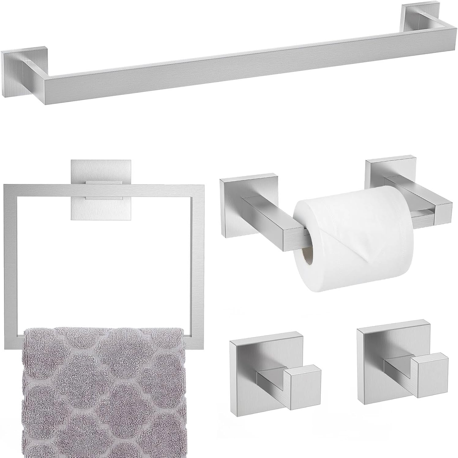 Brushed Nickel Towel Bar Set - 5-Piece Modern Bathroom Hardware